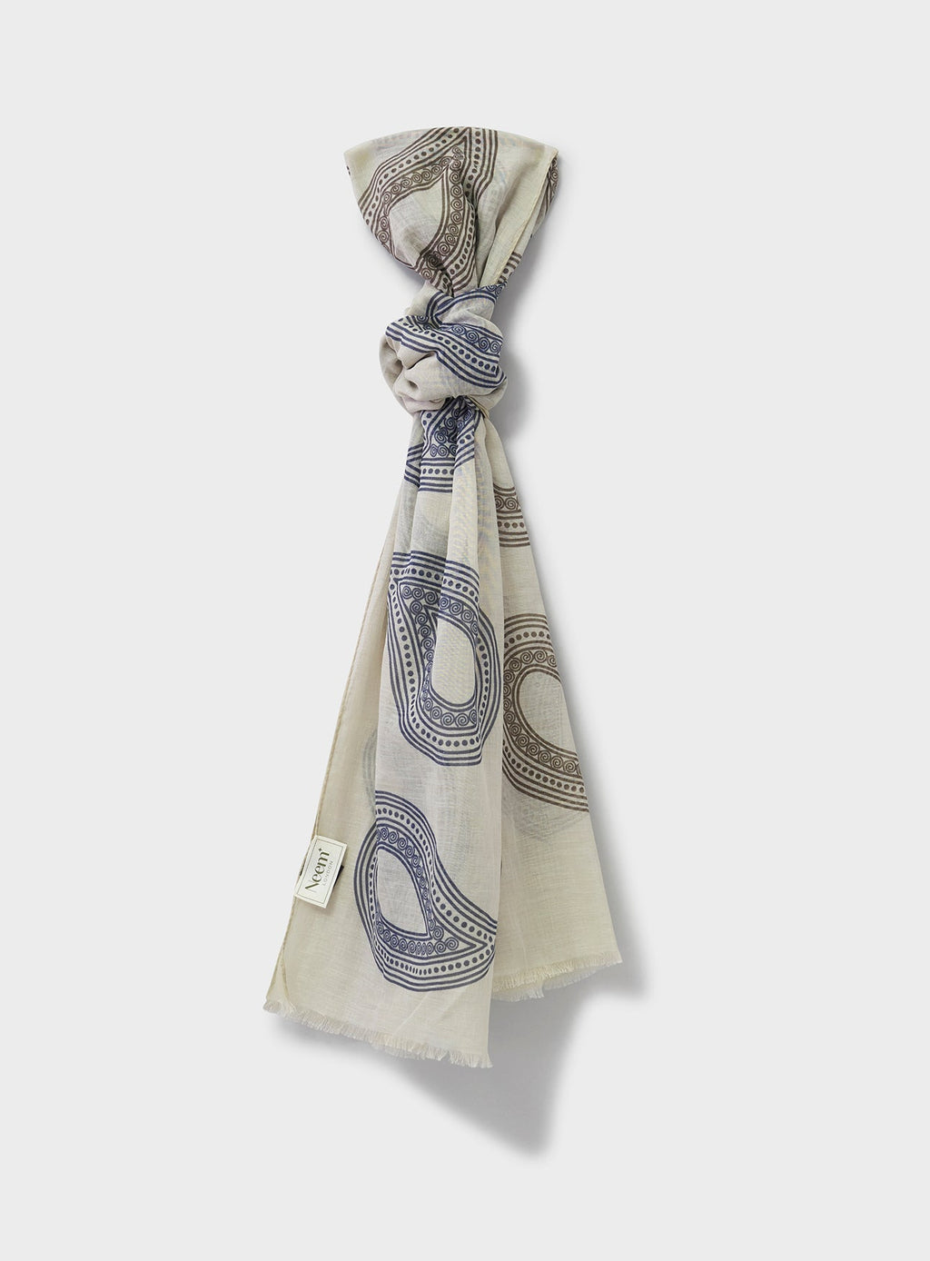 Écharpe en Coton et Laine Cachemire Crème et Bleu Marine Imprimé Paisley