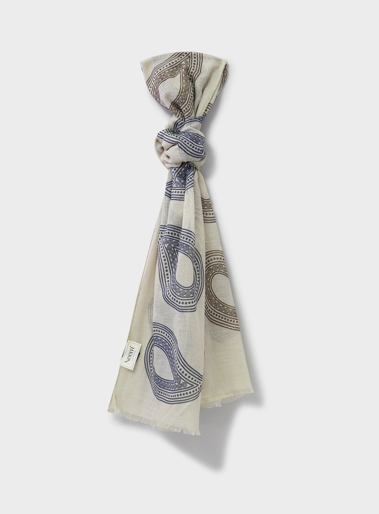 Écharpe en Coton et Laine Cachemire Crème et Bleu Marine Imprimé Paisley