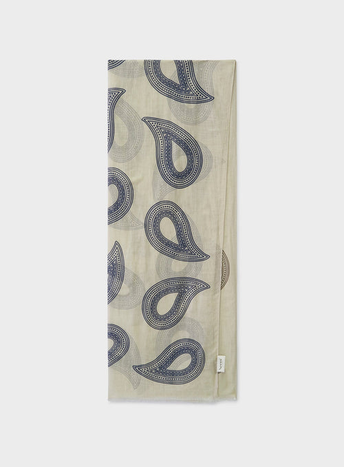 Écharpe en Coton et Laine Cachemire Crème et Bleu Marine Imprimé Paisley