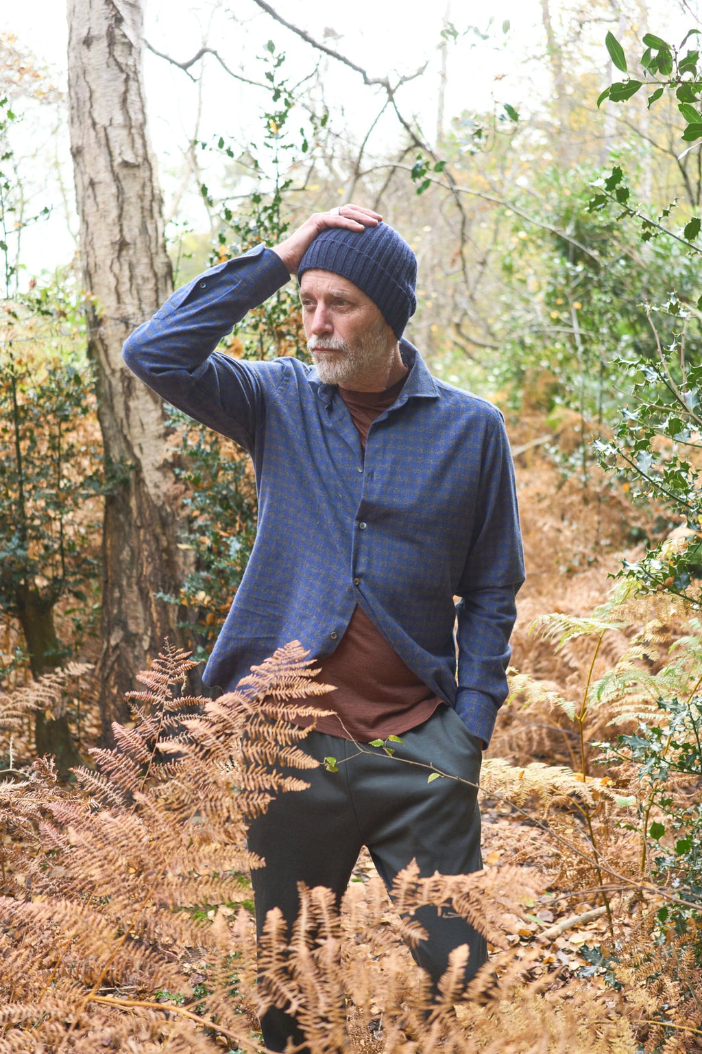 Chemise italienne en flanelle à carreaux marine et gris à col coupé