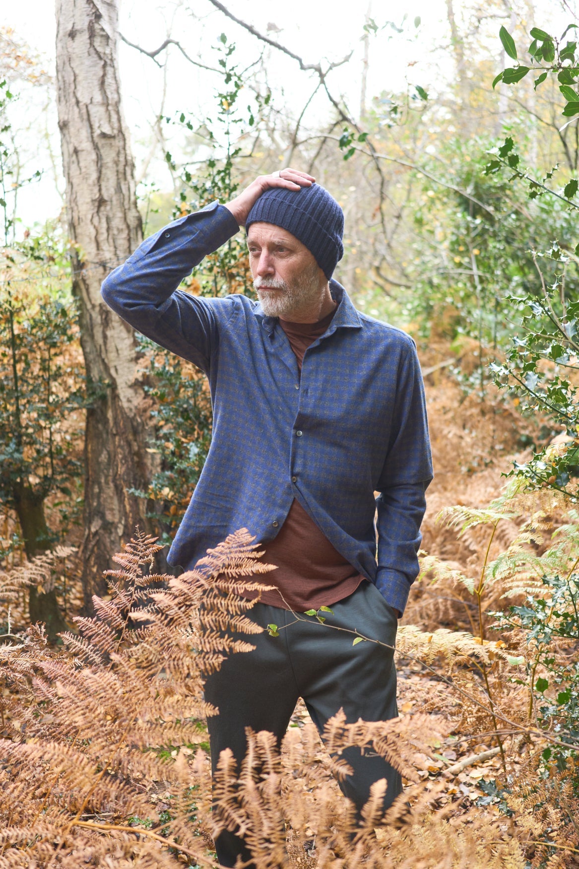 Chemise italienne en flanelle à carreaux marine et gris à col coupé